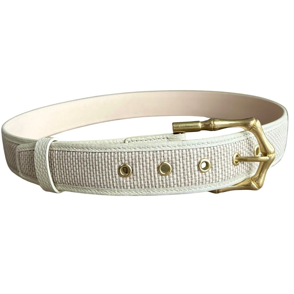 J.McLaughlin Jayla Grasscloth White Leather Raffia Belt Gold Bamboo Buckle M - Picture 3 of 15